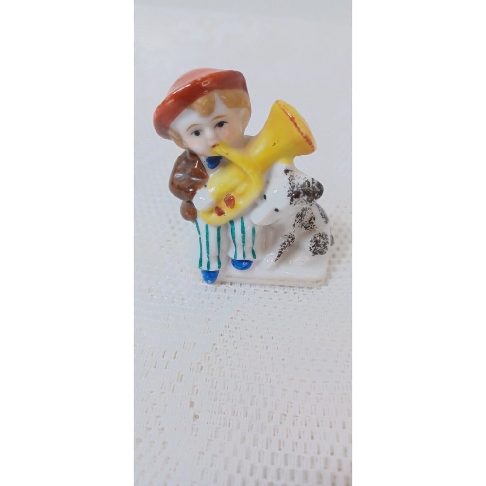 Vintage Occupied Japan Figurine Boy with yellow Trumpet  Instrument and dog
